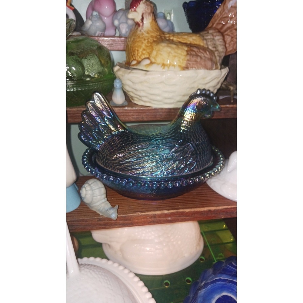 Vtg Indiana glass Blue Carnival Hen On Nest